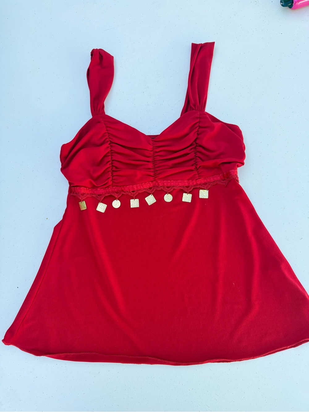 A. Byer Red Ruched Bust Tank with Gold Charm Trim